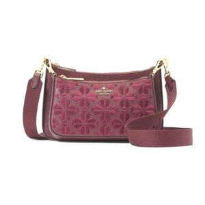 Kate Spade Womens Duet Wine Merlot Flower Grain Leather Small Crossbody New